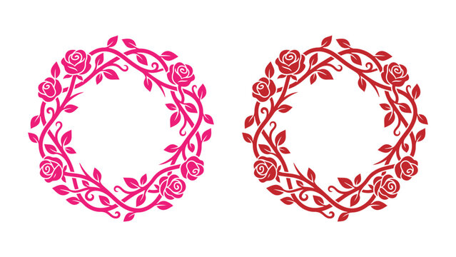 Rose floral wreath vector set with circular vine and leaf border for wedding invitations and romantic card designs
