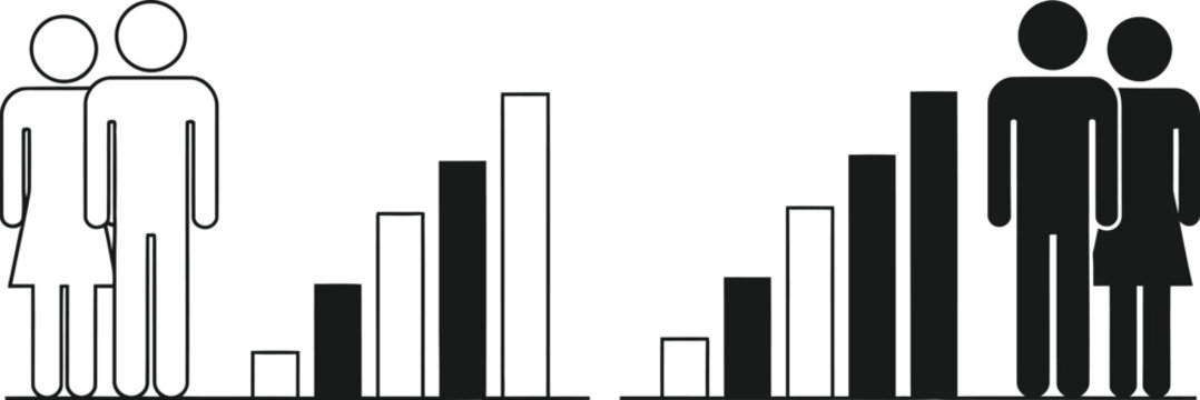 Human figures standing beside comparative bar graphs