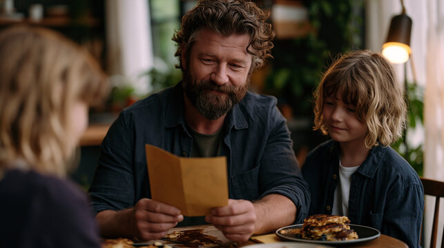 Fathers Day brunch scene with a dad receiving a handmade card from two elementary-age children at a round kitchen table covered in syrup and pancake crumbs, morning light flooding through sheer curt