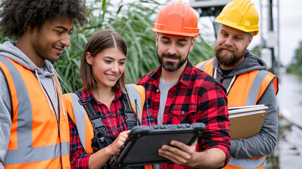 Obraz premium Group of environmental engineers reviewing water quality data on ruggedized tablets while standing beside a river monitoring station, reeds swaying in background, field notebooks tucked under arms, 