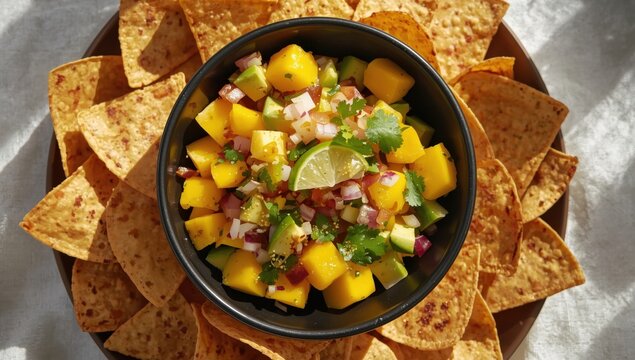 Overhead shot of chips beside a black bowl of mango avocado salsa.