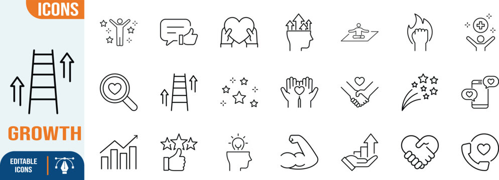 Personal development growth success line icons. heart icon set, stars icon set, ladder icon set