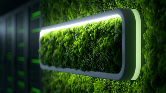 Futuristischer gr&uuml;ner Mooswandblock mit Neonbeleuchtung in einem modernen Serverraum als Konzept f&uuml;r nachhaltige Technologie.