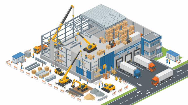 Isometric illustration of a large industrial warehouse under construction and in operation.
