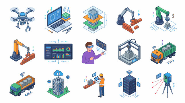 Isometric Industrial and Technology Icons Set - Drones, Robotics, AI, and Smart Manufacturing.