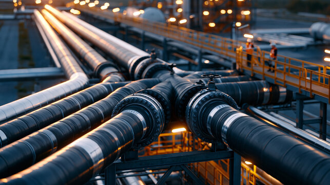 Pipeline infrastructure aerial perspective showing a rural industrial facility with multiple parallel pipelines converging at a central processing junction, workers in safety gear visible on elevate