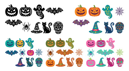 Fototapeta premium Halloween icons set with pumpkins ghosts and bats on transparent background