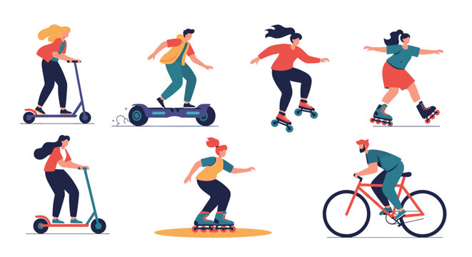 Collection of people engaged in various outdoor activities like riding scooters, hoverboards, skateboards, rollerblades, and bicycles on white.