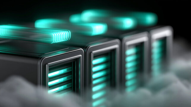 Futuristische t&uuml;rkisfarbene Servermodule mit Leuchtstreifen und Nebeleffekt auf dunklem Hintergrund als Technologiekonzept.