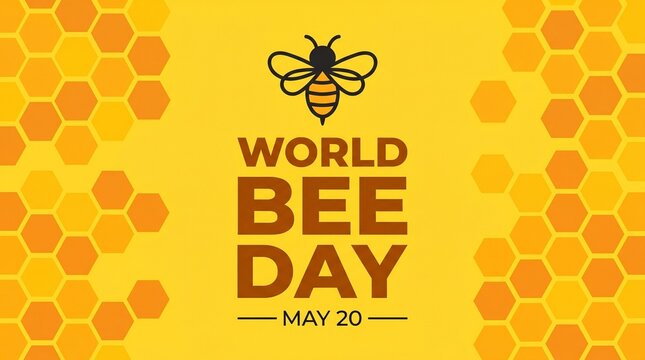 World Bee Day May 20 banner, honey bee icon with honeycomb pattern background, yellow and orange environmental conservation poster