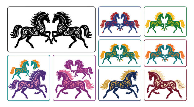 Stylized horses with floral ornaments vector illustration on transparent background