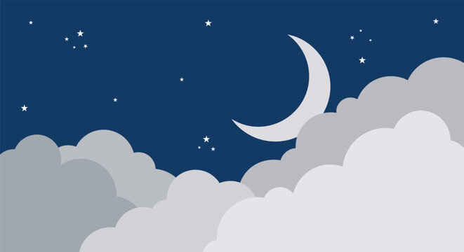 Peaceful night sky scene featuring a bright crescent moon shining among twinkling stars and partially covered by soft fluffy grey clouds in the dark blue heavens.