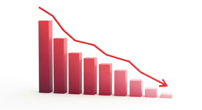 Falling Chart Bars Diagram with Arrow Downwards Showing Decreasing Negative Trend in Business Finance Economy Recession Downturn Crisis