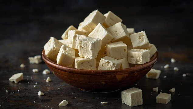 Pieces of paneer on a black backdrop. Indian cuisine.