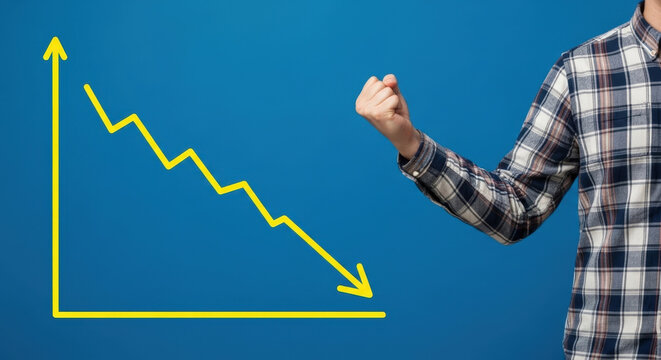 Falling Chart Depicts Financial Decline Concept Business Diagram Showing Recession Downward Trend Economic Loss With Fist Raising Isolated On Blue