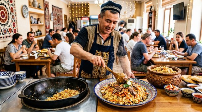 Serving pilaf on Uzbek dishes. Packing pilaf in rice containers, a national dish of Uzbekistan. Lunchtime at a Tashkent cafe.