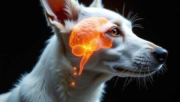 Side profile white dog with glowing orange brain illustration showing neural activity. Canine mind, thought process and intelligence concept. Animal cognition and learning insight.