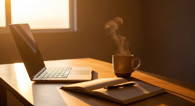 A clean wooden desk features a laptop, a steaming ceramic mug of coffee, and an open notebook bathed in the warm, golden light of a sunrise, table, lifestyle, design