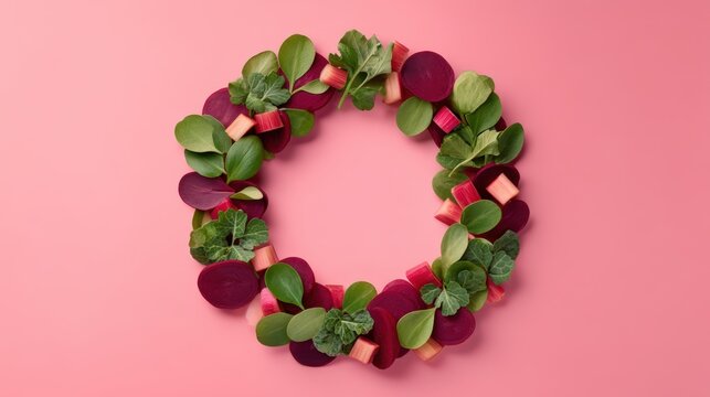 A vibrant wreath made from fresh beet slices, leafy greens, and rhubarb pieces on a pink background.