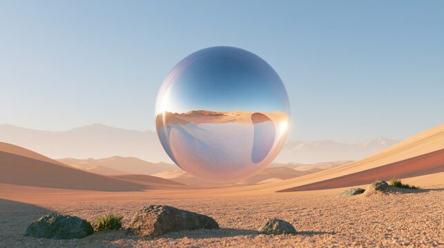 reflective floating sphere above desert landscape with surreal minimal atmosphere
