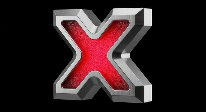 3D metallic red X symbol, chrome letter, bold icon