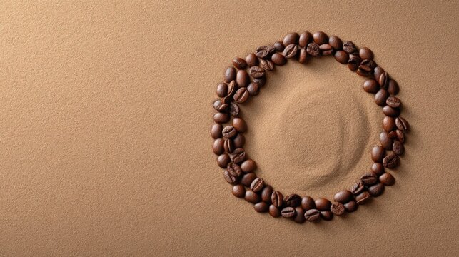 Coffee beans arranged in a circle on a textured brown surface, with a coffee powder silhouette inside the circle.