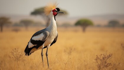Naklejka premium Crested crane stands in dry yellow grass field, African savanna landscape. Tall bird with unique crown looks right, soft focus trees background. Natural wildlife habitat scene, warm sunny day.