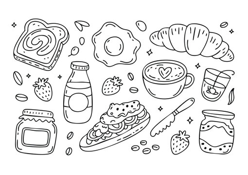 Traditional Breakfast and Bakery Doodle Vector in Folk Art Style