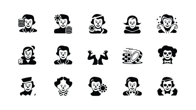 Collection of casino and business icons featuring smiling people and gambling symbols in black and white
