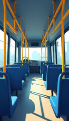 Fototapeta premium Empty bus interior with blue seats and yellow handrails. Sunlight streams through windows casting shadows on the aisle. Passengers wait for urban transit ride. City skyline outside.