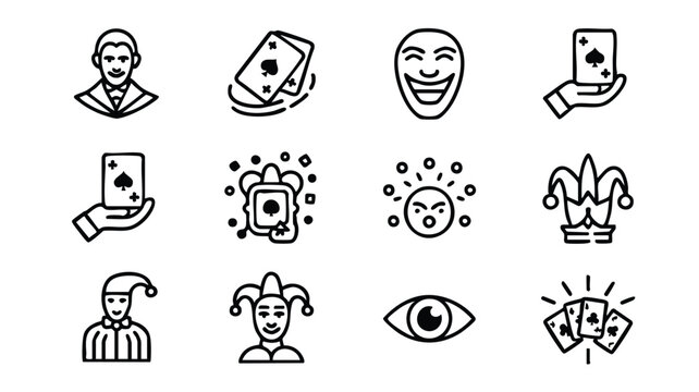 Black and white line art icons for casino, Gamble, And theater concepts with various characters and symbols