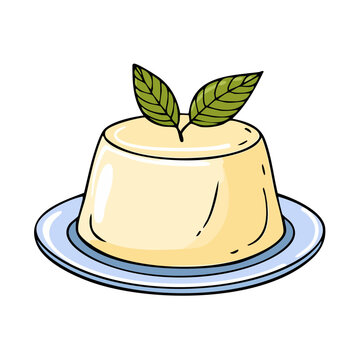 Creamy dessert with fresh mint leaves on a blue plate, simple hand-drawn illustration