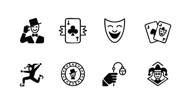 Casino and theater icons including poker cards and comedy masks