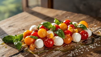 Obraz premium Traditional Caprese salad presented with cherry tomatoes, mozzarella pearls, and basil.