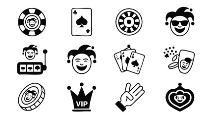Black and white line art icons of casino and magic symbols © logodesign11