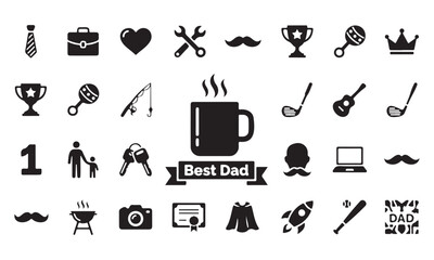 Fototapeta premium Father's Day flat icon set with Best Dad coffee mug vector silhouettes