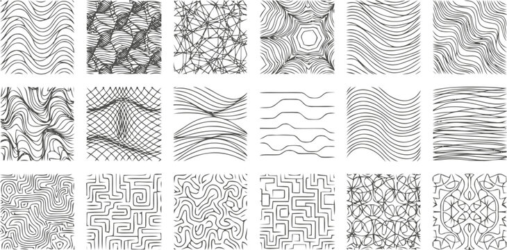 Collection of fifteen diverse abstract line art patterns featuring wavy flows and maze-like structures for versatile creative design and professional branding projects