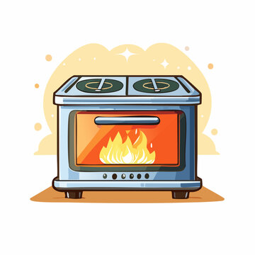 Cartoon illustration of a vintage stove with a fire burning inside