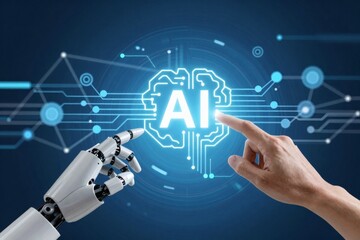 Obraz premium Human and robot hands interact with digital artificial intelligence brain circuit