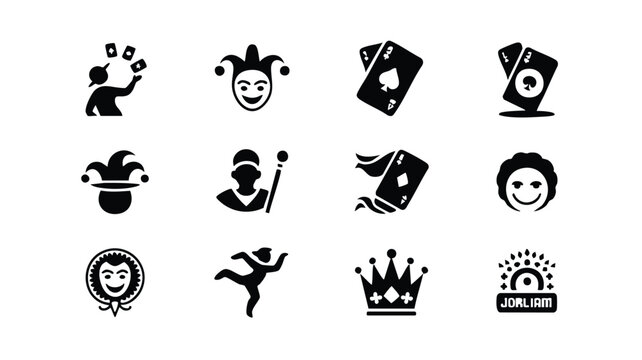 Black and white illustrations of various jester and playing card icons on white background