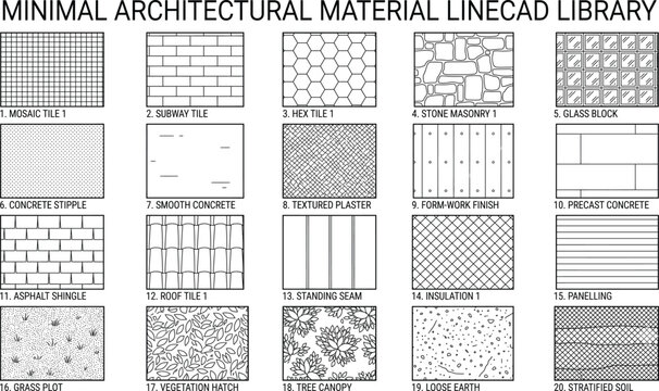 Minimal architectural material linecad library with mosaic tile stone masonry glass block concrete plaster and soil hatching patterns for cad drawing