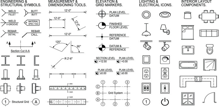 Technical engineering and structural symbols library with measurement dimensioning tools grid markers lighting electrical icons and interior layout components