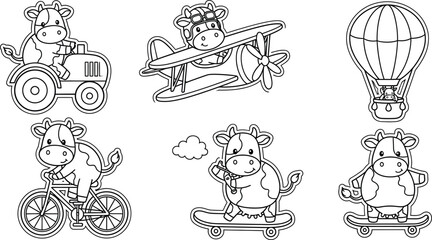 Cute cow cartoon activity vector collection with bicycle airplane tractor skateboard and hot air balloon adventure scenesCute cow cartoon activity vector collection with bicycle airplane tractor skate © MdAnowar