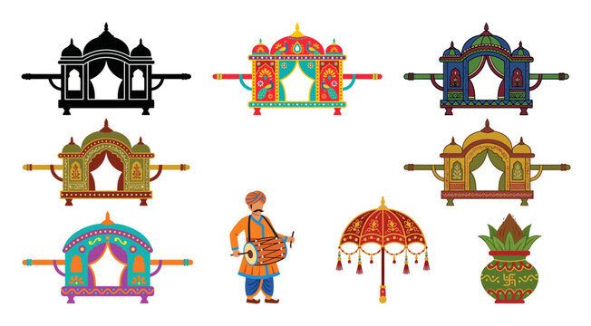 Indian palanquins musician and ceremonial pot on transparent background