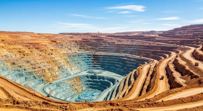 A wide overlook of a deep diamond mining site showing tiered excavation walls leading down to the blue-green kimberlite pipe formation, mineral, digging, crater