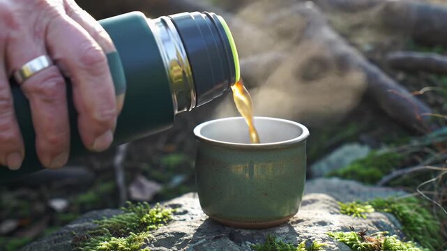 Stable ecu macro video of a human hand pouring rich, dark, steaming liquid from a forest-green thermos into an earthy green cup on a mossy rock. Bokeh background and rising steam. Serene warming