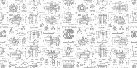 Obraz premium Technical mechanical engineering blueprint pattern featuring complex gear assembly diagrams with detailed measurements and material specifications for industrial manufacturing