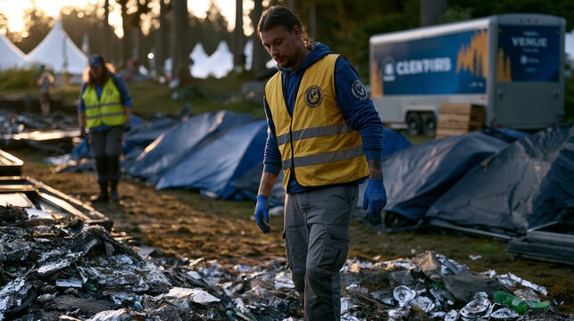 Aftermath of a summer outdoor festival, grounds crew collecting recyclables across a trampled grass field at sunrise, folded tents stacked near a venue trailer, dew glistening on the abandoned stage