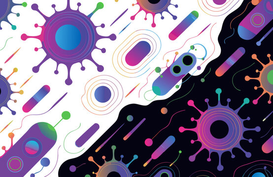 Microorganisms with vibrant colors in a dynamic pattern against a split light and dark background vector illustration