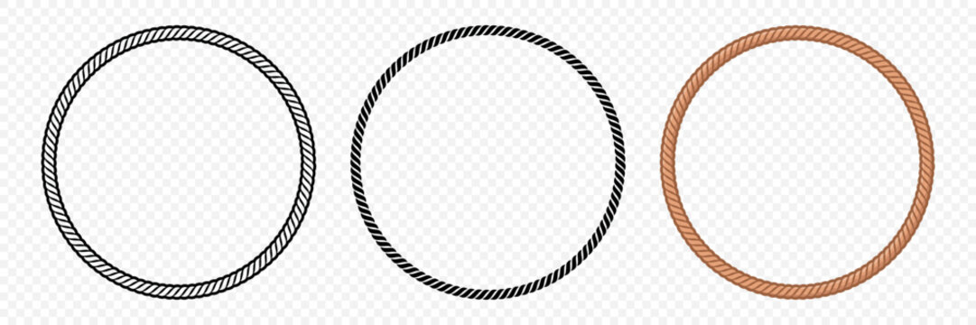 Rope Circle Frame Set, Vector Illustration. Round Rope Frame Collection and Nautical Rope Frame Border in Black and Brown. Isolated Decorative Rope Frame for Logos, Labels, Marine Badges